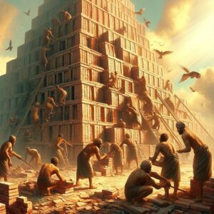 Bible artwork of the tower of Babel being built in Genesis 11