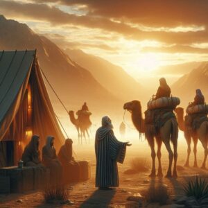 Abraham greets the three angelic visitors outside his tent in Genesis 18 Bible art