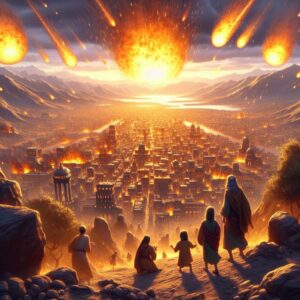 Bible art of the destruction of the city of Sodom in Genesis 19