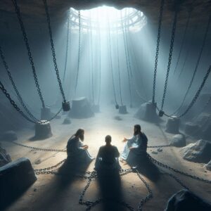 Bible artwork of Joseph in prison with the baker and cup bearer in Genesis 39