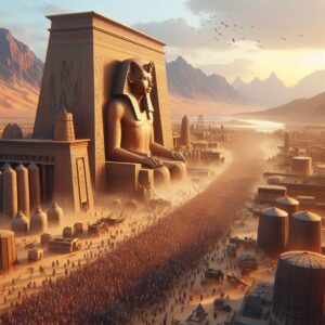 Bible artwork of the grain silos Joseph set up in Egypt during the famine in Genesis 41-42