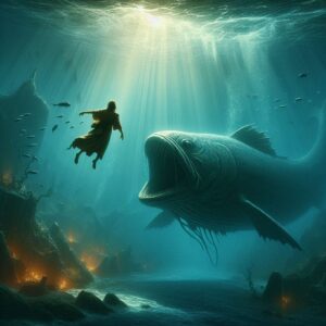 Bible Art of Jonah being swallowed by the great whale or fish in the book of Jonah