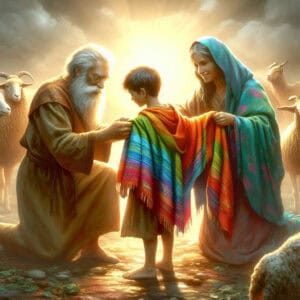 Joseph is presented with the coat of many colors by his father Isaac in Genesis 37